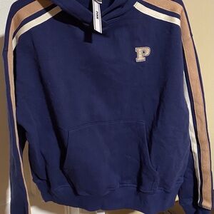 Victoria Secret Navy Blue Hoodie with Tan and White Stripes